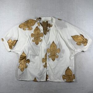 STARK X White Gold Fleur de Lis Metallic Cotton Button Front Blouse Small